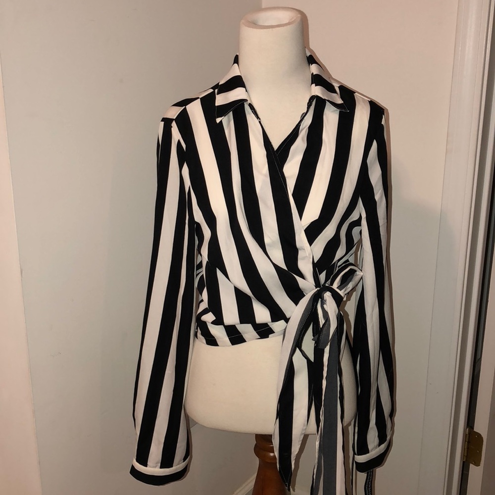 Monochrome stripe wrap front tie blouse